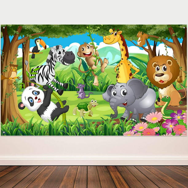HUAYI 7X5ft Jungle Safari Forest Lets Get Wild Cute Animals Birthday Party Decor Baby Shower Table Backdrop Banner Photo Studio Props Photography Background for Dessert Table Decor xt-7562 